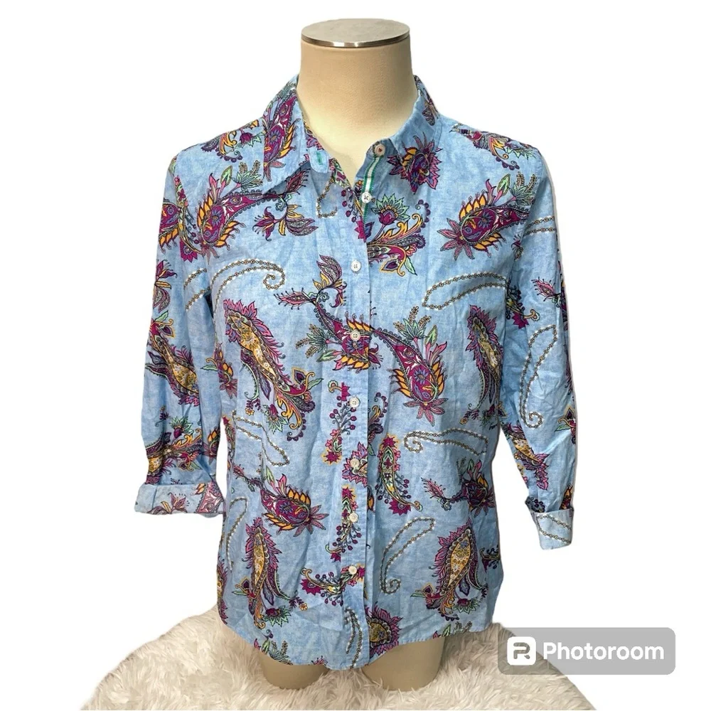 Talbots Cotton Button Front Swirly Paisley Blouse Top Women's Size M